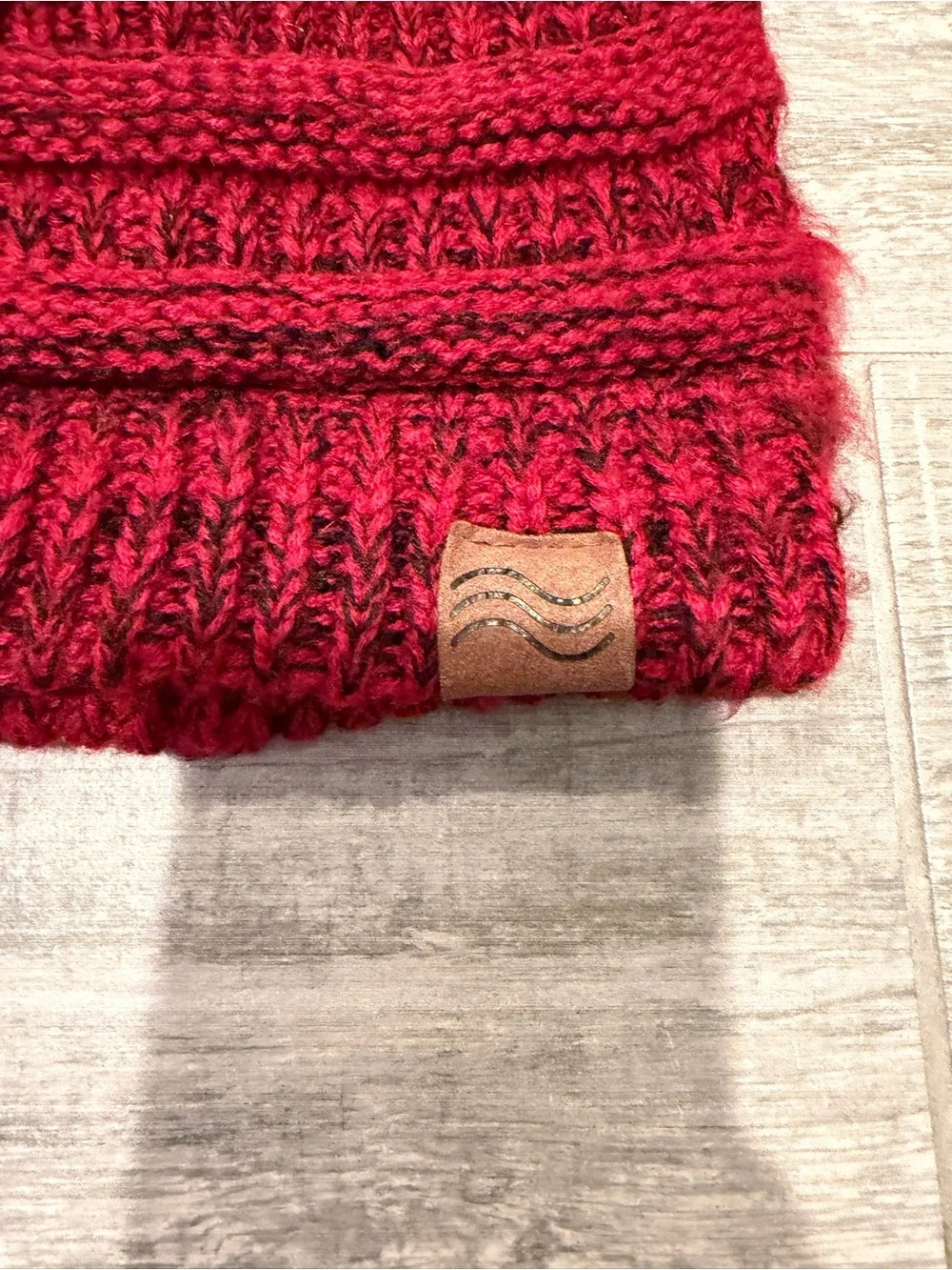 Knit Ponytail Beanie in Two Toned Red/Black